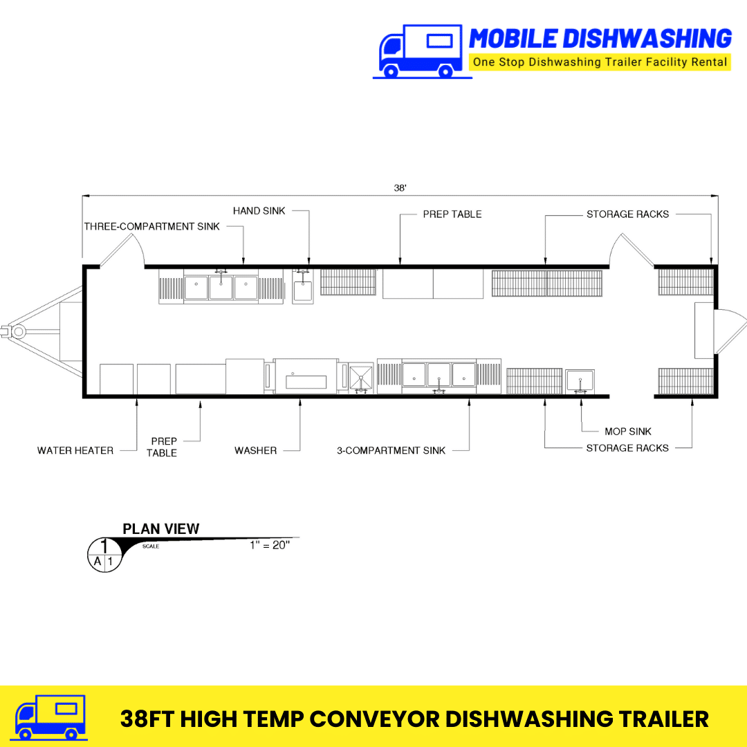 38FT High Temp Conveyor Dishwashing Trailer